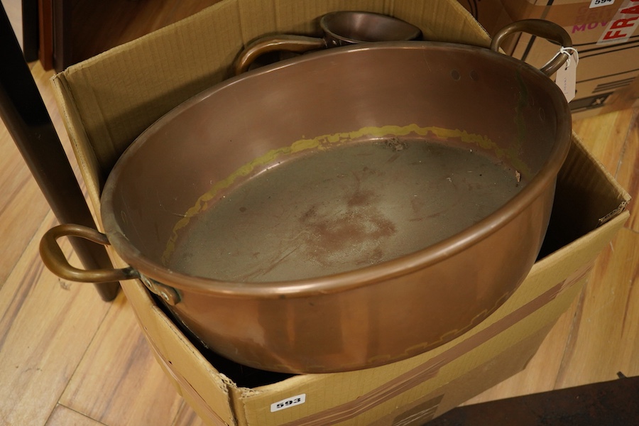A collection of Victorian copper and fireside accessories, 96cm wide. Condition - varies